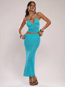 SHEIN BAE 2件/套露背系带浪漫度假女式毛衣 - 藍色 - 查看 6