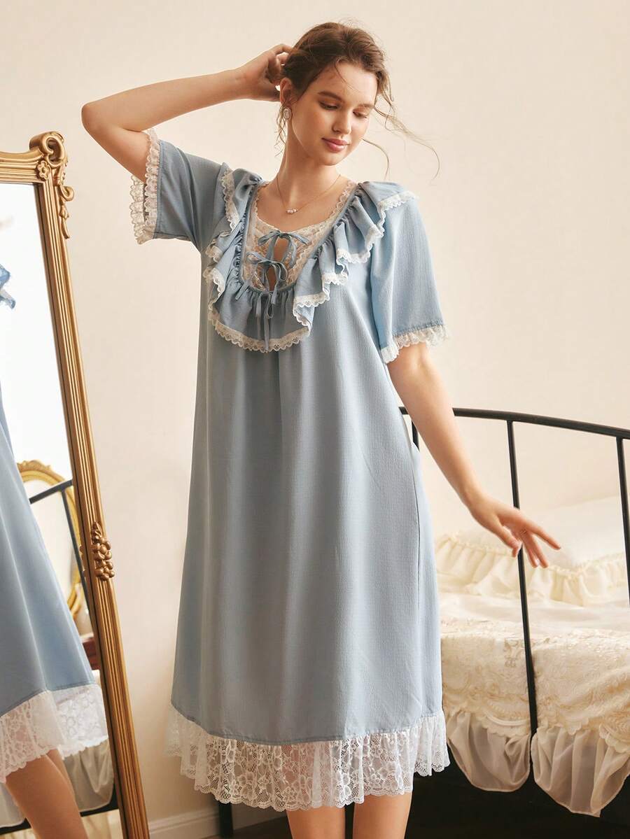 浪漫蕾丝拼接极简宫廷风长袖女式睡裙 - 藍色 - 查看 1