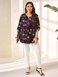 EMERY ROSE Plus Size Women Floral Print Single-Breasted Casual Versatile Daily Wear Shirt - Multicolor - View 3