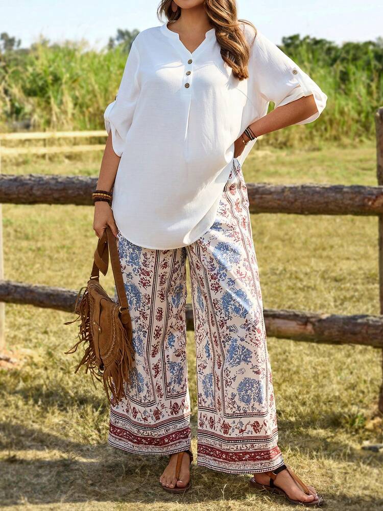 2pc Set Plus Size Women's Summer Casual Vacation Country Solid Cuffed Sleeve Blouse Top Shirt And Floral Print Wide Leg Pants Casual 2-Piece Set,Summer Outfits For Women ,Vacation Outfits Women ,Holiday Outfits For Women,Going Out Outfits,2026 New Clothes,Simple And Fashionable For Everyday Wear,Suitable For Summer, Vacation, Daily Wear, Festival Outfits For Women,Country Concert Outfit,Beach Outfits For Women,Western Style