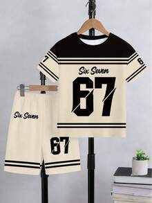 SHEIN Explorewe 2件套幼儿男童休闲时尚创意数字67条纹黑米色字母印花短袖T恤和短裤套装，舒适日常穿着，温暖夏日风格，适合春夏季节。 - 彩色 - 查看 7