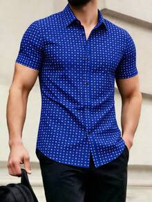 Manfinity Mode Nam Allover In hoa Slim Fit tay ngắn cài nút lên đồ họa làm việc sơ mi giản dị cho chồng - Xanh đậm - Xem 1