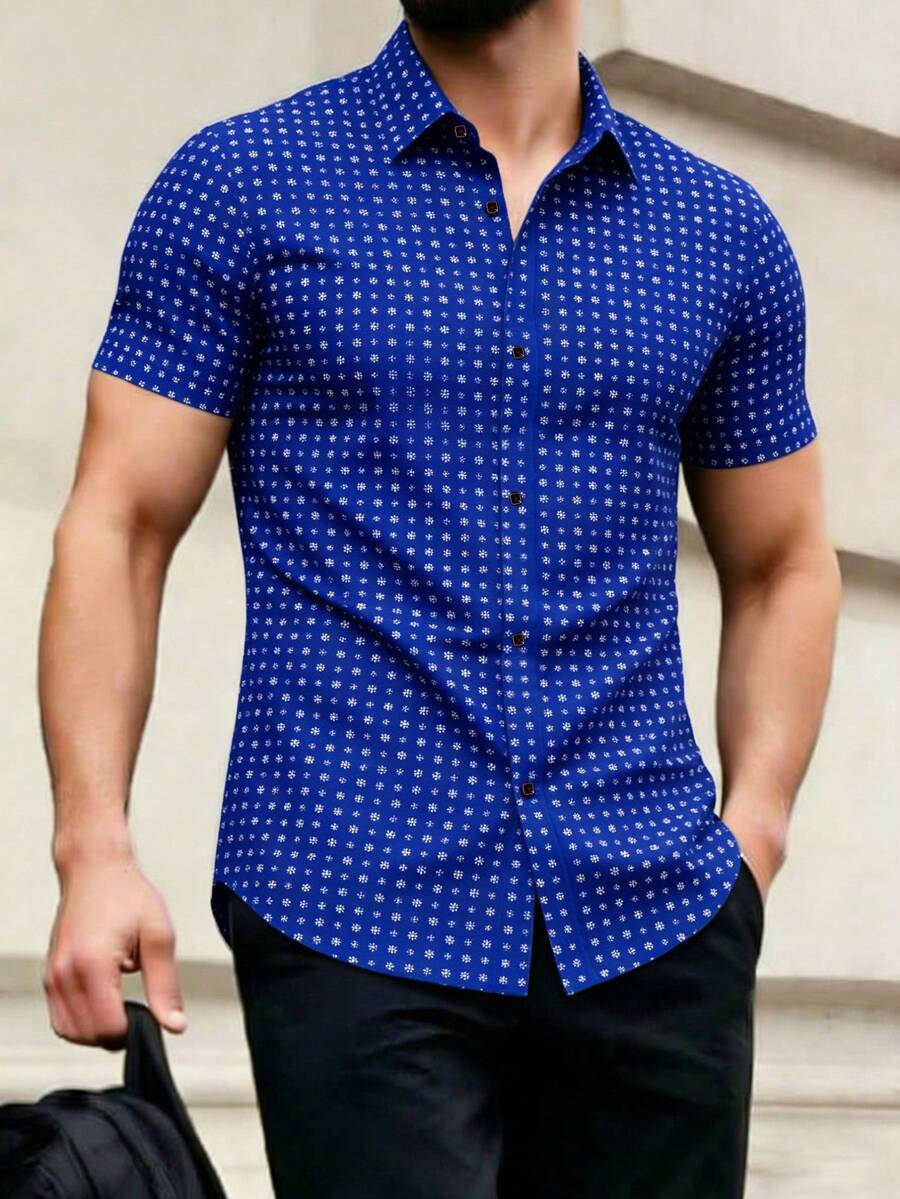 Manfinity Mode Nam Allover In hoa Slim Fit tay ngắn cài nút lên đồ họa làm việc sơ mi giản dị cho chồng - Xanh đậm - Xem 1