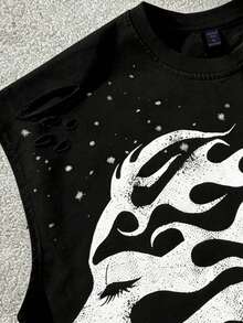 ROMWE MEN Street Life 2026 Spring/Summer New Arrival Men's Casual Fashionable Y2K Style Sleeveless Crew Neck T-Shirt, Unisex Couple Matching Women's Sleeveless Tank Top - Black - View 6