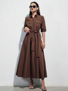 Aveloria Modichic 深棕色工装风衬衫裙，短袖翻领，侧边口袋，腰部系带，A字中长款廓形，撞色明线缝制，适合春夏通勤和休闲外出穿着。 - 咖啡 - 查看 5