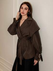 Bris Aura Manteau trench à manches longues de couleur unie pour femmes, automne/hiver - Marron - Voir 4