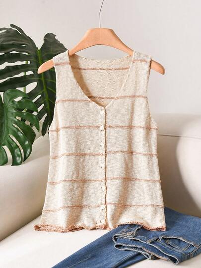 CosyJoli Áo dệt kim không tay kẻ sọc cỡ lớn dành cho nữ mùa hè, kiểu dáng thanh lịch, thoải mái, thích hợp mặc hàng ngày khi đi nghỉ mát, áo vest ôm dáng.
