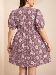 Comfylo Plus Size Women Floral Print Tie Front Ruffle Fashion Date Party Dress - Brown - View 2