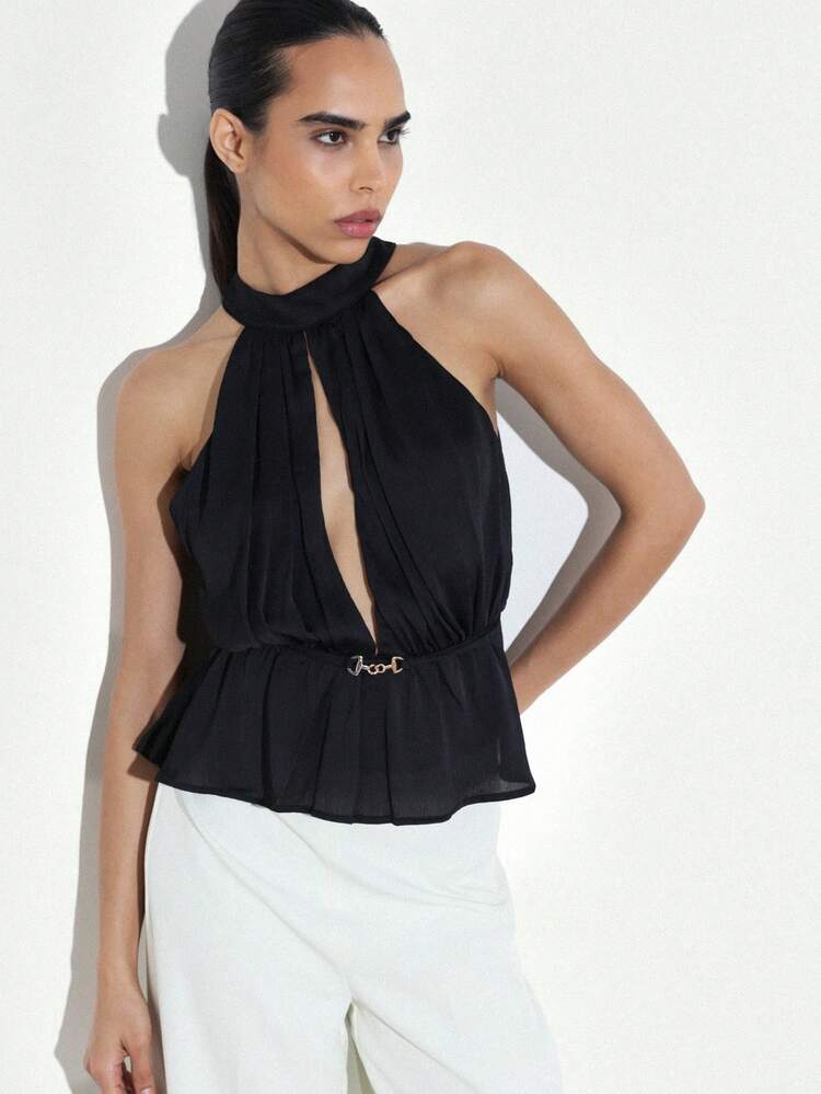 KSTM Women's Halter Neck Peplum Blouse With Keyhole Front And Gold Belt Detail Elegant Evening Top