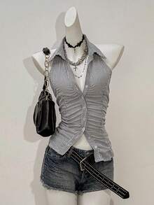 Jeanoix 女士条纹面料通勤办公休闲性感吊带衬衫 - 黑與白 - 查看 7