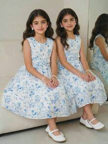 Elladie kids Girls' Elegant Ditsy Floral Sleeveless Waist Cinched Asymmetrical Hem Dress, Suitable For Casual, Vacation, Holiday, Party, Birthday And Other Occasions, Summer Kids Jacquard Dresses Blue Dresses 7 8y Kids Casual Aline Sleeveless Dresses Kids Frocks Blue Floral Dress Girls Girls Jacquard Dresses - Blue - View 1
