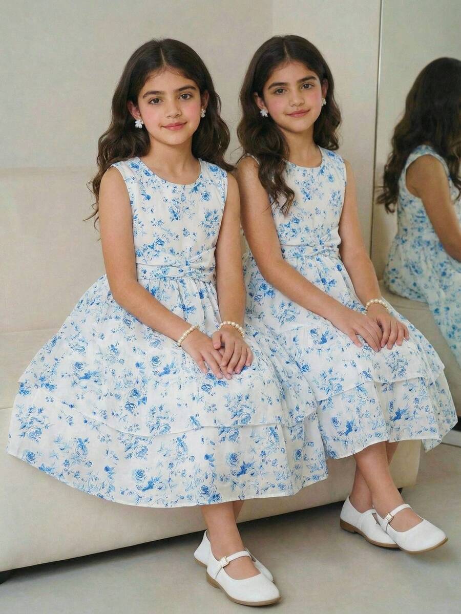 Elladie kids Girls' Elegant Ditsy Floral Sleeveless Waist Cinched Asymmetrical Hem Dress, Suitable For Casual, Vacation, Holiday, Party, Birthday And Other Occasions, Summer Kids Jacquard Dresses Blue Dresses 7 8y Kids Casual Aline Sleeveless Dresses Kids Frocks Blue Floral Dress Girls Girls Jacquard Dresses - Blue - View 1