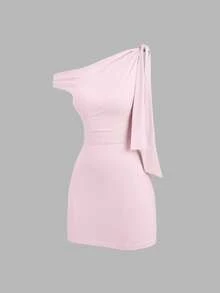 Sweetra 女士不对称领口荷叶边性感紧身连衣裙，收腰设计，凸显身材曲线，法式优雅迷你裙 - 淺粉色 - 查看 3