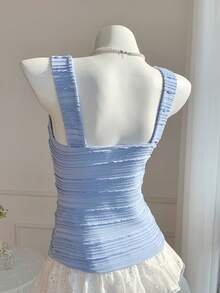 SHEIN Comfortcana 女士优雅撞色蕾丝拼接吊带背心，夏季 - 藍色 - 查看 2