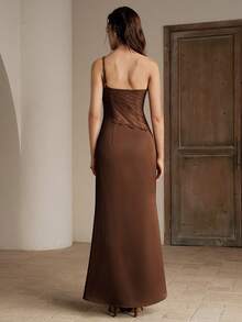 Anewsta Elegant Sexy Knit Patchwork One-Shoulder Fishtail Dress - Coffee - View 2