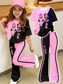 Spring And Summer Casual Fashion Creative Personality Refreshing Minimalist Cool Virtual Girl Group Graphic Print T-Shirt And Flared Pants Set, Comfortable Daily Wear - Multicolor - View 7
