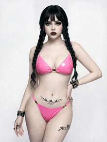 ROMWE Goth 女士休闲度假沙滩派对性感吊带蝴蝶结丁字裤比基尼两件套泳衣，春夏款 - 粉色 - 查看 4