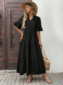 EMERY ROSE Đầm nữ màu trơn cổ chữ V xếp ly viền bèo nhún, dáng dài ngang gối, thích hợp cho kỳ nghỉ. - màu đen - Xem 3