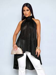 SOLERSUN Camicetta elegante in chiffon da donna, stile vacanziero, colore unito, senza maniche, scollo a spalla, collo alla coreana, fluida, adatta per occasioni serali, matrimoni, feste e uso quotidiano - nero - Visualizzare 5
