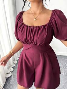 SHEIN Elenzya Fashionable Casual Vacation Retro Elegant Commute Petal Sleeve Tie Bow Jumpsuit - Purple - View 3