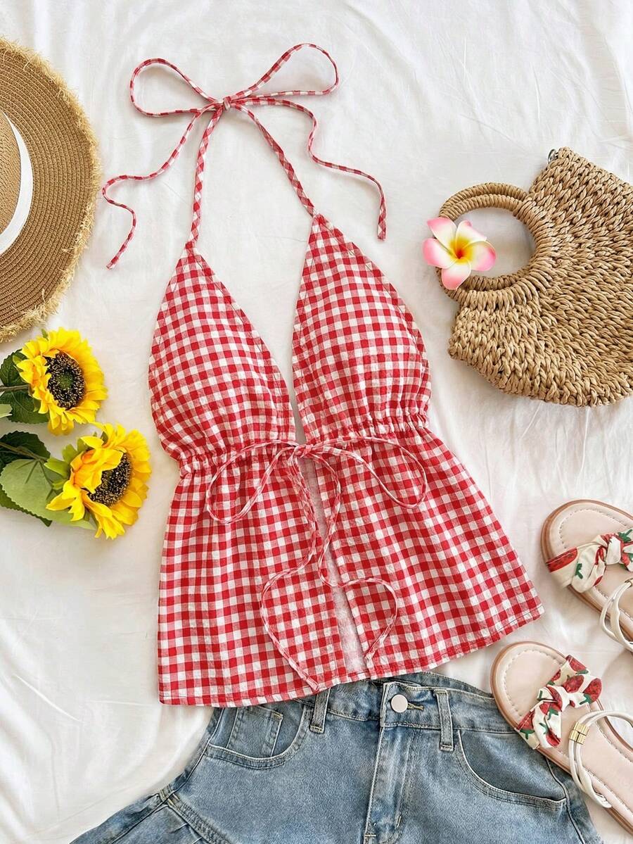 Soleia 休闲简约优雅浪漫复古乡村红白格子印花图案，适合音乐节、海滩、度假、春季郊游，女士夏季露背吊带背心 - 彩色 - 查看 1