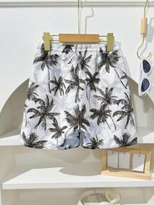 SHEIN 男童个性化泳裤，棕榈叶印花设计，舒适透气，适合游泳池和海滩穿着 - 藍色 - 查看 2