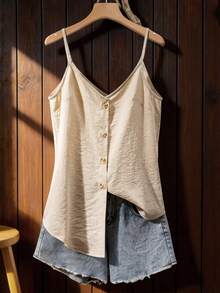 SHEIN LUNE Women's Sleeveless V-Neck Camisole Tank Top, Loose Fit, Lightweight, Summer - Beige - View 1
