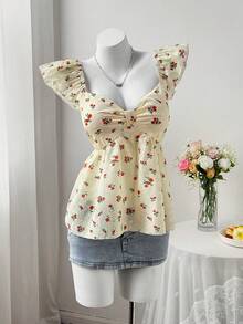 Flirla Plus Size Elegant Floral Embroidery Cap Sleeve Blouse, Suitable For Spring/Summer Vacation - Yellow - View 3