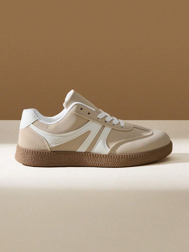 CUCCOO EASI Women Shoes Lace-Up Splicing Design Round Toe Flat Bottom Casual Sneakers Casual Simple PU Leather Beige Casual Sneakers Daily Outdoor Sports Casual