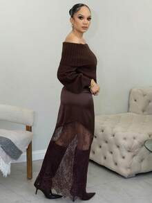 Melissa Matos 缎面优雅通勤女士高腰丝滑褶皱撞色蕾丝长裙 - 棕色 - 查看 4