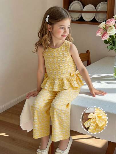 Vintaside Kids Young Girls' Floral Jacquard Textured Fabric Patchwork Ruffle Hem Outfit With 3D Bow, Suitable For Casual, Cute, Elegant Daily & Holiday Wear