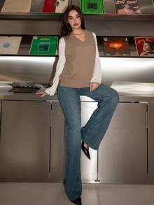 Bris Aura 開衩高低下擺毛衣背心無襯衫 - 卡其色 - 查看 6