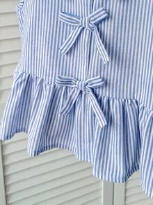 Tween Girls Cute Bow Tie Striped Camisole Top, Casual Everyday Versatile Wear Kids Peplum Top Girls Blue Bow Blouse Girls Peplum Top Girls Bow Top Girls Blue Striped Top Girls Blue Bow Top Kids Striped Top Kids Blue Shirt,Kids - Blue - View 5