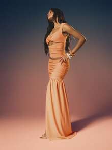 MISSGUIDED Women's Ruched Bodycon Maxi Skirt With Asymmetric Long Hem Detail And Side Split For Evening Party Occasions - Orange - View 2