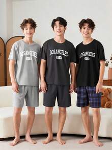 3件套青少年男童简约字母印花短袖T恤+短裤睡衣套装，黑+白+灰 - 彩色 - 查看 3