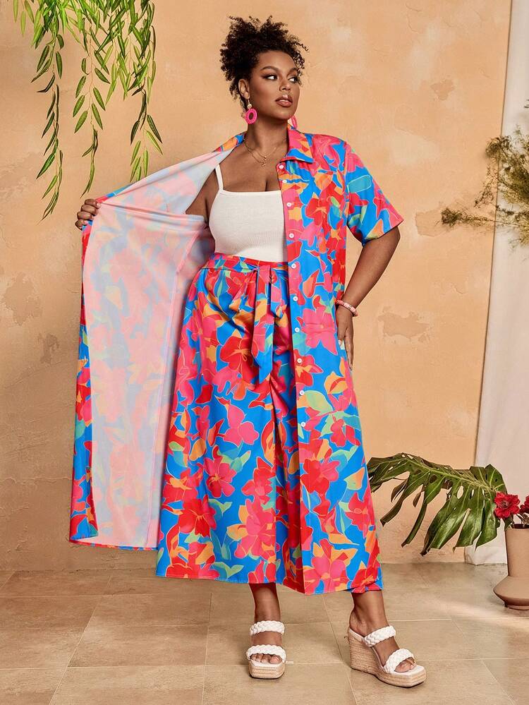 Plus Size Floral Print Long Shirt And Pants Two Pieces Casual Vacation Set Women's Summer Co Ord Women's Summer 2 Pieces Sets Wedding Guest Outfits Curve Women's Summer Two-Piece Sets Summer Outfits Summer Clothes Spring Dress Spring Outfit Women Spring Clothing Beach Vacation Outfits For Women Vacation Dress Bohemian Festival Outfits For Women Beach Outfits For Women