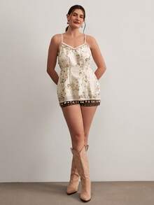 Freevana Áo camisole nữ cỡ lớn thời trang đính hạt, thích hợp cho lễ hội âm nhạc, kỳ nghỉ, phong cách vintage. - Màu be - Xem 3