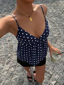 Muchica Áo hai dây cổ chữ V chấm bi phong cách thường ngày dành cho nữ, thích hợp cho kỳ nghỉ xuân/hè. - Màu xanh hải quân - Xem 1