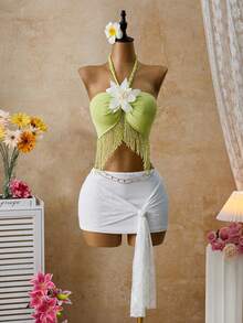 Femesol Women's Vacation Beach Floral Decor Tassel Hem Backless Halter Top - Green - View 4