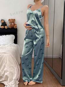 Napfluff Conjunto de pijama de mujer con pajarita y top de camisola con estampado de rayas de seda sintética y pantalones - Verde Oscuro - Ver 4