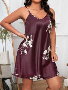 Plus Size Skin-Friendly Floral Pattern Home Pajama Dress - Red Violet - View 6