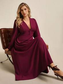 Juhart 加大码 V 领收腰复古 A 字连衣裙，教师节优雅休闲连衣裙，后系带设计 - 紫色 - 查看 8