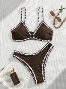 Swim Basics 夏季新款纯色可调节肩带贝壳饰边低腰三角比基尼两件套泳衣套装（女款） - 彩色 - 查看 1