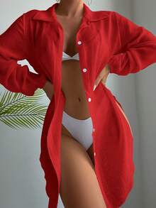 Swim SXY 女士纯色长袖左右开衩前襟和服式上衣 - 紅色 - 查看 4