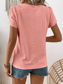 SHEIN LUNE 女士纯色休闲圆领花瓣短袖 T 恤 - 珊瑚橙 - 查看 2