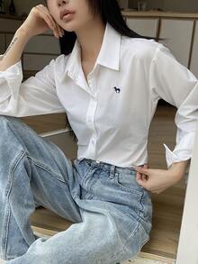 DAZY Áo kiểu nữ màu trơn, ôm eo, tay dài, phong cách thường ngày thanh lịch mùa hè. - trắng - Xem 7