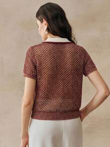 Anewsta Colorblock Linen Hollow Out Knit Polo Shirt For Women, Retro Collar Short Sleeve Top, Spring/Summer - Burgundy - View 4