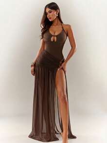 Radiana 性感优雅棕色串珠装饰高开衩修身连衣裙，飘逸网纱连衣裙，露背连衣裙，吊带连衣裙，度假连衣裙，约会连衣裙，适合夜晚、约会、派对、舞会、俱乐部、鸡尾酒会、晚宴、宴会、音乐会、海岛度假、海滩等场合。网纱长裙，棕色沙滩裙，透视连衣裙，棕色罩衫泳装，棕色性感连衣裙，女士性感连衣裙，透视沙滩裙，女士沙滩套装，比基尼罩衫，女士连衣裙，正装 - 棕色 - 查看 4