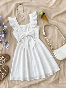 SHEIN Teen Girls Cap Sleeve Bow Back Casual Dress, Fashionable, Versatile, Suitable For Party, Outing, Sister Photo Shoot, Park, Camping, Vacation, Daily Casual Wear - White - View 2