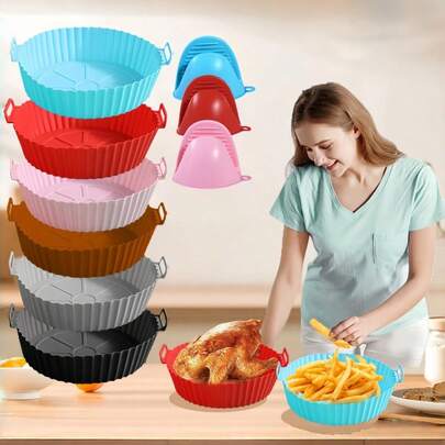 适用于3至5夸脱空气炸锅的硅胶内衬，包括炸篮、炸碗，可替代易燃的烘焙纸，可重复使用的烤盘，烤箱配件